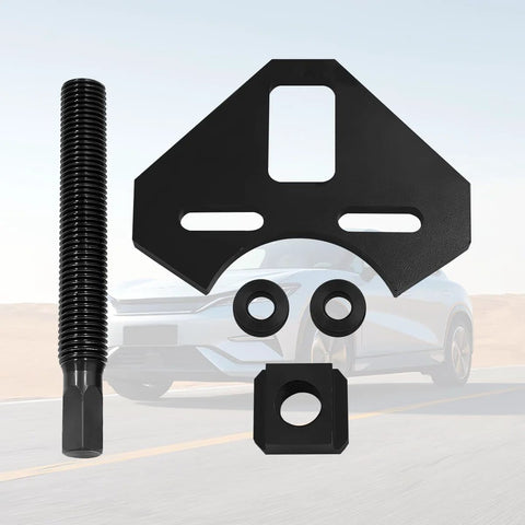 Sandfren car hub remover tool kit: black metal hub puller plate, long threaded rod, two spacers, and square block.