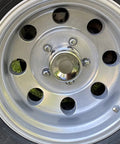 Chrome steel trailer wheel with 4 Pack Chrome Steel Trailer Wheel Center Caps Push Thru 4.25 Inch Center Bore, Water Resistant And Anti Rust.