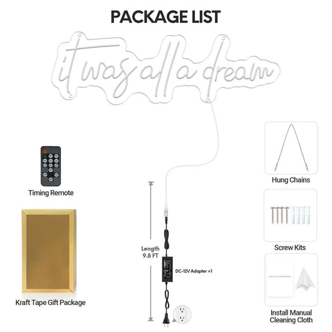 Package list for It Was All A Dream Neon Sign LED Wall Decor 27 By 8.5 Inch with accessories including remote and adapter