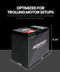 Badass Lightweight 12V 50Ah Deep Cycle Marine Battery Sealed AGM Lead Acid side view with dimensions for trolling motor setups.