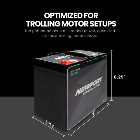 Badass Lightweight 12V 50Ah Deep Cycle Marine Battery Sealed AGM Lead Acid side view with dimensions for trolling motor setups.