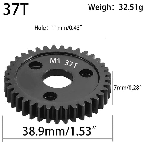 37T M1 spur gear, 1.0 metric pitch, hardened steel, Mod 1, for 1/8 & 1/10 scale RC cars, 38.9mm diameter, 32.51g weight
