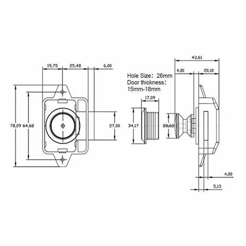 Technical drawing of Push Button Latch Kit 10 Pack Easy Install Push Button Catch Lock For Cupboard Doors with measurements.