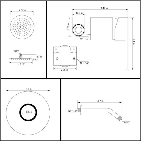 Dimensions and measurements for Chrome Shower Faucet Set With 8 Inch Rainfall Shower Head Wall Mounted Single Function Trim Kit And Rough In Valve