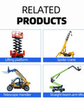 Four related products: Self Propelled Telescopic Boom Lift Job Site Workhorse for high reach, lifting platform, spider crane, telescopic handler.