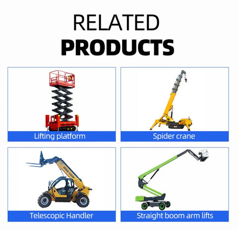 Four related products: Self Propelled Telescopic Boom Lift Job Site Workhorse for high reach, lifting platform, spider crane, telescopic handler.