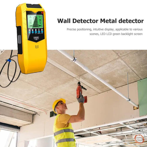 Handheld Stud Finder Sensor LCD Display Portable Wall Scanner Detector in use, detecting wall studs in a construction setting.