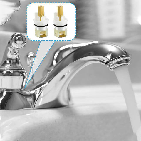 Two Handle Faucet Stem Replacement Kit With Cartridge RP4993 Seat And Spring installed in chrome bathroom faucet