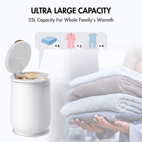 Bucket Style Towel Warmer Ultra Large Capacity 450W For Bathroom ETL Certified with towels and robes showcased in open unit.