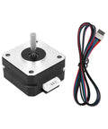 Front view of NEMA 17 stepper motor with alloy housing and four-wire wiring harness.