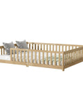 Queen Floor Bed With Safety Guardrails in Natural Rubber Wood Finish Solid Construction That Supports Up to 500 Lbs Low Profile