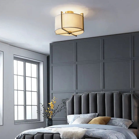 Dope Brushed Brass Four Light Flush Mount Ceiling Light With Drum Fabric Diffuser Mid Century Modern Indoor Ceiling Fixture