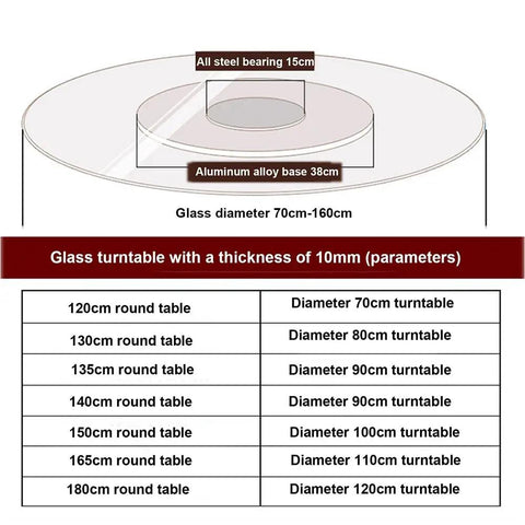 Round 360 Degree Rotating Turntable Heavy Duty Tempered Glass Lazy Susan with steel bearing and aluminum base, 70-160 cm