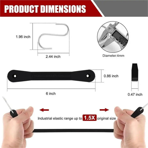 Dimensions of Heavy Duty 6 Inch Rubber Cords With Hooks, 2.44 inch hook, 6 inch cord, showing stretch capacity, 10 Pack Bungee Straps For Trucks And Cargo
