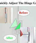 Before and after images of door realignment using the Door Hinge Adjustment Tool For Sagging Doors With 14 To 19mm Gap.