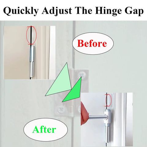 Before and after images of door realignment using the Door Hinge Adjustment Tool For Sagging Doors With 14 To 19mm Gap.