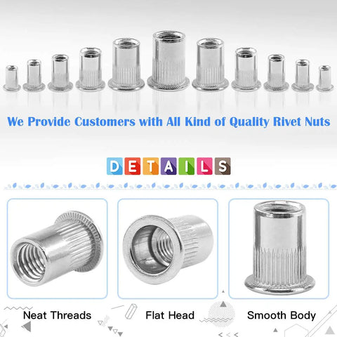 180Pcs Flat Head Rivet Nut Kit Stainless Steel Insert Rivnuts Set M3 To M10 With Storage Box Metric Threaded Rivnuts details