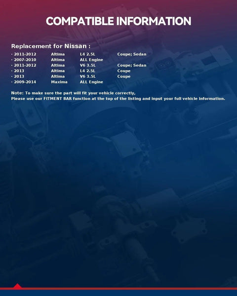 Compatible information for Slick Bolt On Electric Fuel Pump Assembly With Gas Sending Unit For 07 To 12 Nissan Altima And 09 To 14 Maxima.