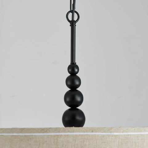 Close-up of black rod details on Beige Drum Pendant Chandelier For Dining Room, Farmhouse Style With White Linen Shade, 3 Light E26 Fixture