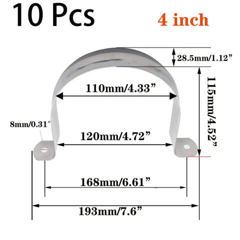 Ten Pack 4 Inch Rigid Stainless Steel Pipe Straps With Two Hole U Brackets Widened Band Tension Clips Heavy Duty Pipe Clamps dimensions