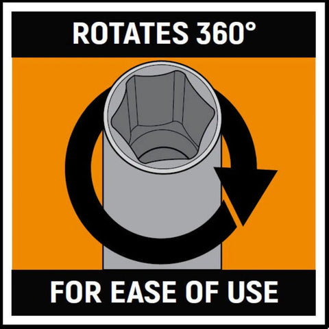 Illustration showing 360-degree rotation feature of Three Eighths Inch Drive Magnetic Socket Rail With Fourteen Clips Aluminum Frame