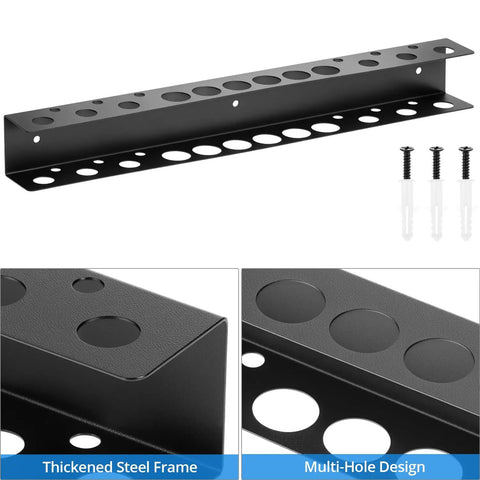 Heavy Duty Wall Mounted Tool Organizer for Garage and Workshop Pliers And Screwdriver Holder 15.75 Inch Dual Layer Steel Rack Rust Resistant Keeps Tools Neatly In Place And Ready To Grab, shown disassembled with screws, highlighting thickened steel frame and multi-hole design.