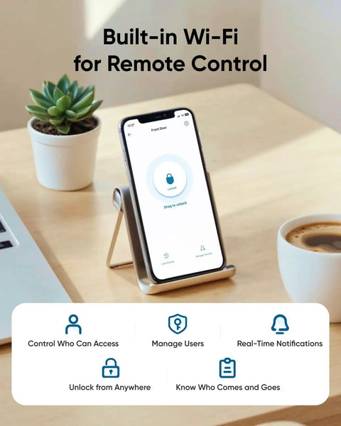 No Sweat Biometric Fingerprint Door Lock With Smooth Integrated Handle And Built In Wifi For Big Time Smart Home Security With Instant Remote Access Controls for easy mobile app use.