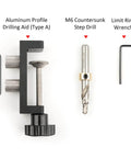 Aluminum Profile Drill Guide For 2020, 2040, 3030, 3060 European Standard Extrusion with 0.1mm accuracy displayed with drill bit and wrench.