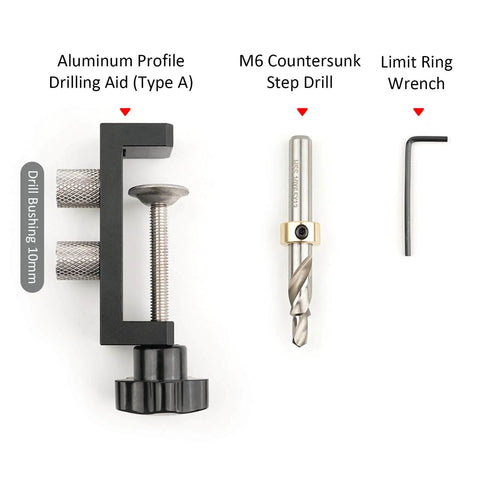 Aluminum Profile Drill Guide For 2020, 2040, 3030, 3060 European Standard Extrusion with 0.1mm accuracy displayed with drill bit and wrench.