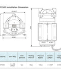 SP2500 installation dimensions diagram for self priming RO water booster pump for well and storage tank 50 GPD.