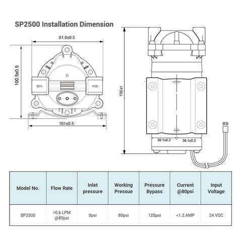 SP2500 installation dimensions diagram for self priming RO water booster pump for well and storage tank 50 GPD.