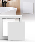 No Sweat Self Adhesive Drywall Access Panel 10 X 10 Inch Heavy Duty Bathroom Plumbing Hole Cover with smooth white finish.