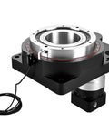 Beefy Rotating Platform Turntable Gearbox Reducer Two Stage Ratio For 86mm Frame Nema Stepper And 750W AC Servo Motor With 19mm Input Shaft 100 To 1 Gearhead, showing main structure with visible wiring and hollow center on white background.
