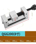 Heavy Duty Industrial Machine Vise Featuring Lightning Quick Adjust Slide Bar And Precise Beveled Jaws For Solid Grip On Cnc Mills And Garage Rigs, side view.