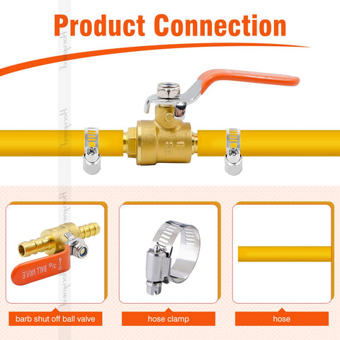 Five Sixteenth Inch Mini Brass Barbed Ball Valve For Air Fuel Gas Water Tubing Pack Of Two shown with hose connection