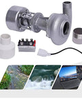 Grab And Go Portable Micro Hydro Generator 500W 110V for home use with lightweight silver water turbine and accessories.