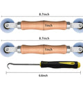 Three Piece Screen Tool Kit With Spline Roller Featuring Wooden Handle And Nylon Bearing Wheels With Measurements