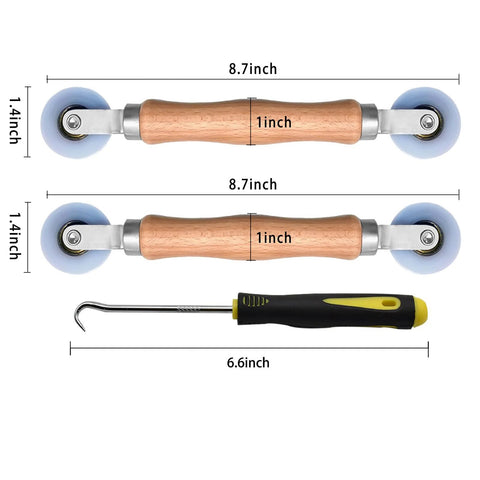 Three Piece Screen Tool Kit With Spline Roller Featuring Wooden Handle And Nylon Bearing Wheels With Measurements