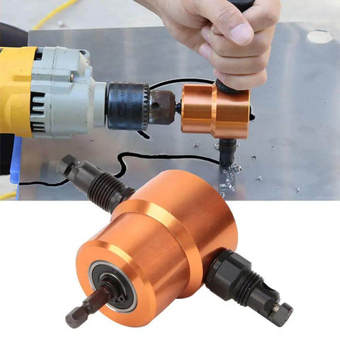 Pro Grade 360 Degree Double Head Sheet Metal Nibbler Drill Attachment in use on metal sheet, fits power drills 1500 to 3000 RPM