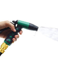 Five Set Garden Hose Quick Connect Fittings Brass Quick Connectors Three Quarter Inch GHT Includes Extra Rubber Washers Male And Female Ends Easy Snap On Leak Proof Hose Connector Set connected to spray nozzle