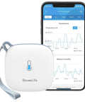 WiFi Thermometer Hygrometer With App Alerts And Real Time Temperature Humidity Monitoring 2.4GHz WiFi Bluetooth Sensor For Smart Home And Office Remote Data Access Widget Support Easy Setup And No 5G Required white square sensor with strap and phone graph