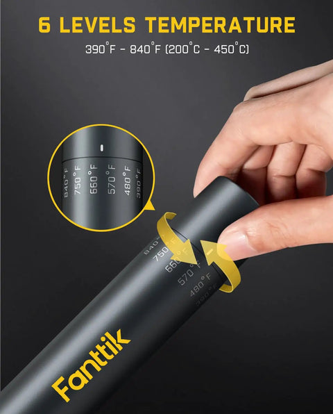 T1 Max Cordless Soldering Iron Kit With 7 Second Heat Up From 390 To 840 Fahrenheit showing temperature adjustment levels.