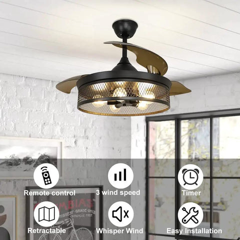 Black 42 Inch Ceiling Fan With Lights Remote Control Vintage Cage Dope Yet Silent Retractable Blades in room setting.