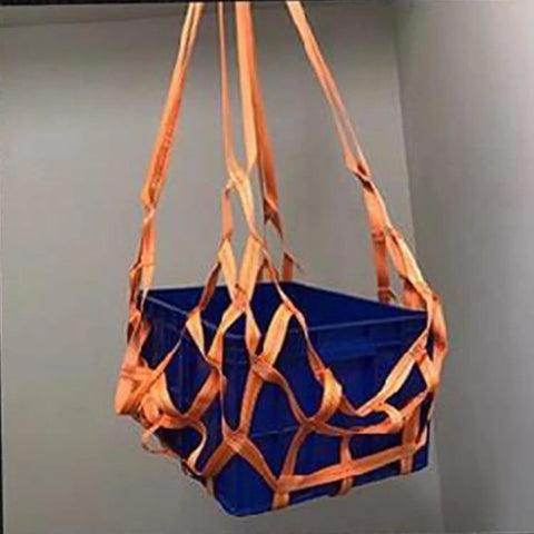 Orange Beefy Heavy Duty Cargo Lifting Net 1.5 By 1.5 Meters hoisting a blue box securely