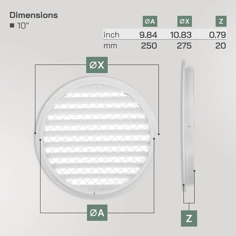 10 Inch White Steel Soffit Vent Cover With Round Louvered Grill Built In Mesh Screen And Flange Heavy Duty HVAC Register