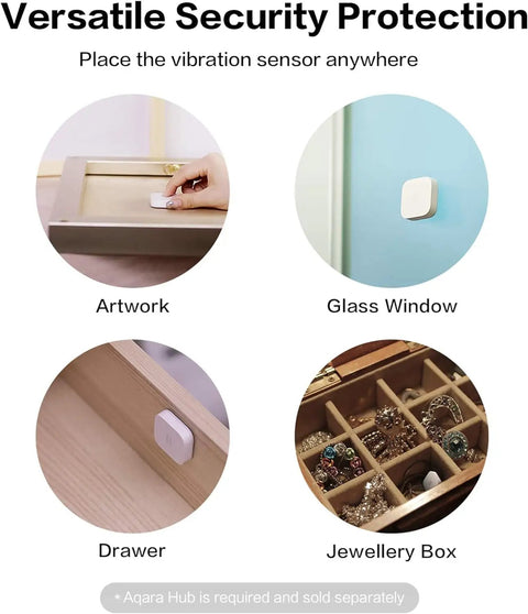 Zigbee Vibration Sensor And Glass Break Detector For Home Security placed on artwork, glass window, drawer, and jewelry box.