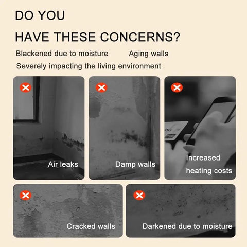 Image showing wall concerns: air leaks, damp walls, cracked walls, and increased heating costs with red crosses.
