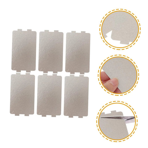 Six Piece Microwave Mica Sheet Covers For Heat Shield And Insulation, Easy To Cut And Install, image showing set of mica sheets and cutting close-ups