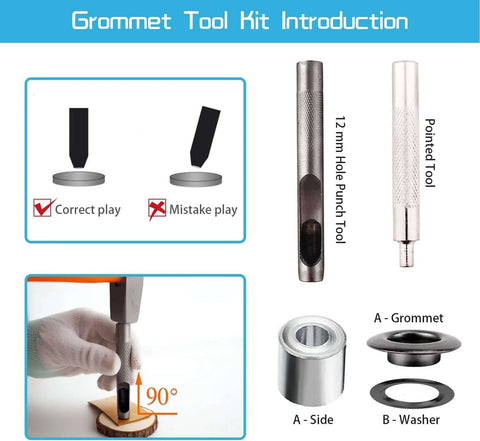 Heavy Duty Grommet Kit One Half Inch Grommets and Eyelets Set 100 Pieces with 3 Leather Punch Tools Stainless Steel Grommets
