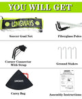 Contents of Portable 4x3 Soccer Goal For Backyard With Pop Up Net Ground Stakes And Carry Bag Easy Setup shown in image.